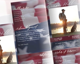 Patriotic Funeral Program Editable Canva Obituary Template - Military, Police, American Flag, Patriotic Funeral Program **17x11** Bi-Fold