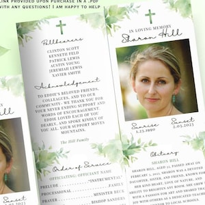 May include: A green funeral programme template featuring a watercolour design of leaves and a cross. The programme includes a photograph of a woman, the order of service, and an obituary. The text reads "Green Cross & Leaves Funeral Programme".