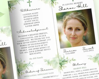Green Cross Funeral Program Template – Editable Obituary, Canva (8.5x11 in) (Digital Download)