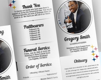 Sports Fan Funeral Program Template – Red, Yellow, Blue (Editable Canva, Digital Download)