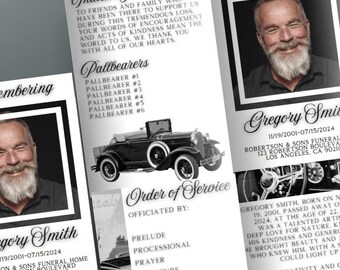 Classic Car Funeral Program Template – Masculine Greyscale Obituary (Canva Editable, 8.5x11, Digital Download)