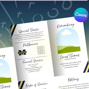Programa de funeral de fã de esportes azul e amarelo modelo de obituário editável Canva - Ótimo programa de funeral masculino azul e amarelo 8,5 x 11 pol. meio dobrado