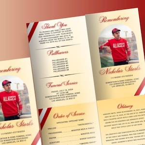 Programa de funeral para fãs de esportes vermelho e dourado Modelo de obituário editável Canva - Ótimo programa de funeral masculino vermelho e dourado 8,5 x 11 em dobra dupla