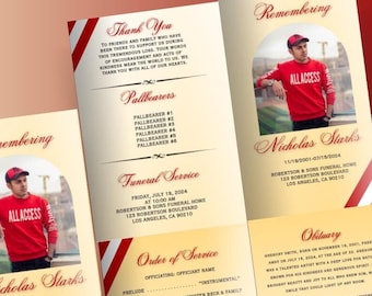 Red and Gold Sports Fan Funeral Program – Editable Canva Template (Digital Download)
