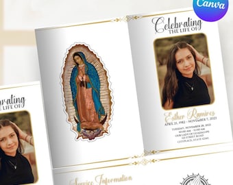 Lady Guadalupe Funeral Program Editable Canva Obituary Template - Virgin Mary, Religious, Catholic, Simple Canva Template 8.5x11 in HalfFold