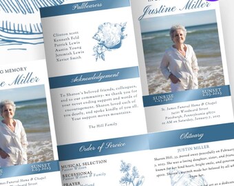 Blue Beachy Seashell Funeral Program Editable Canva Obituary Template - Minimal Elegant Blue Beach Theme Funeral Program 8.5x11 in Half Fold