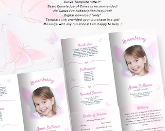 Pink Butterfly Funeral Program Template – Child Obituary (Canva, Digital Download)