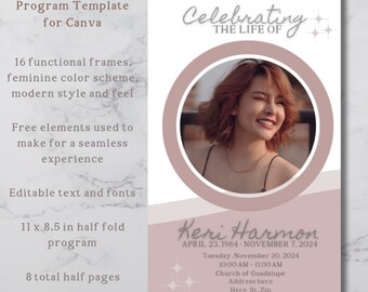 Feminine Funeral Program Template - 8-Page Obituary (Digital Download)