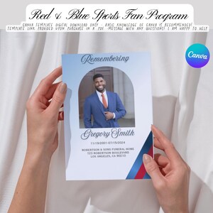 Może przedstawiać: Program pamiątkowy z tekstem „Remembering” i „Gregory Smith”. Program zawiera zdjęcie mężczyzny w niebieskim garniturze i czerwonym krawacie. Zawiera również daty 11/19/2001-07/15/2024 oraz adres zakładu pogrzebowego.