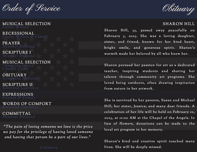 End of Watch Funeral Program Editable Canva Obituary Template