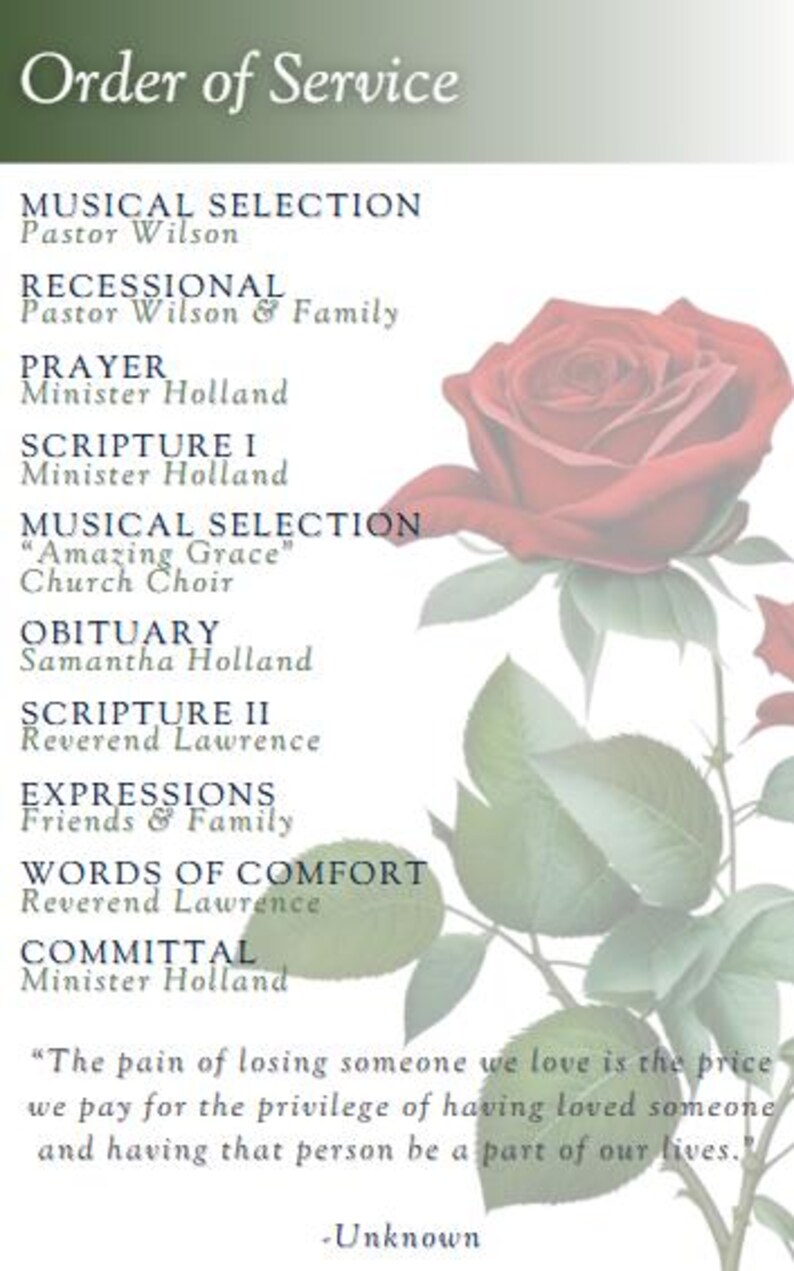 Red Roses Funeral Program Editable Canva Obituary Template Feminine