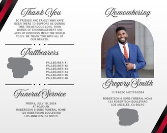 Sports Fan Funeral Program Template – Red & Black Obituary (Canva, Digital Download) 11x17, 4 page bifold