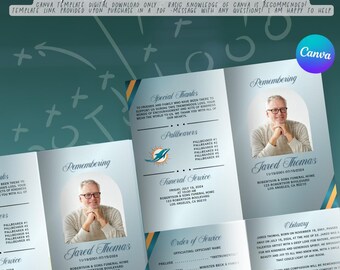 Aqua Orange Sports Fan Funeral Program Editable Canva Obituary Template - Great Masculine Teal and Orange Funeral Program 8.5x11 in HalfFold