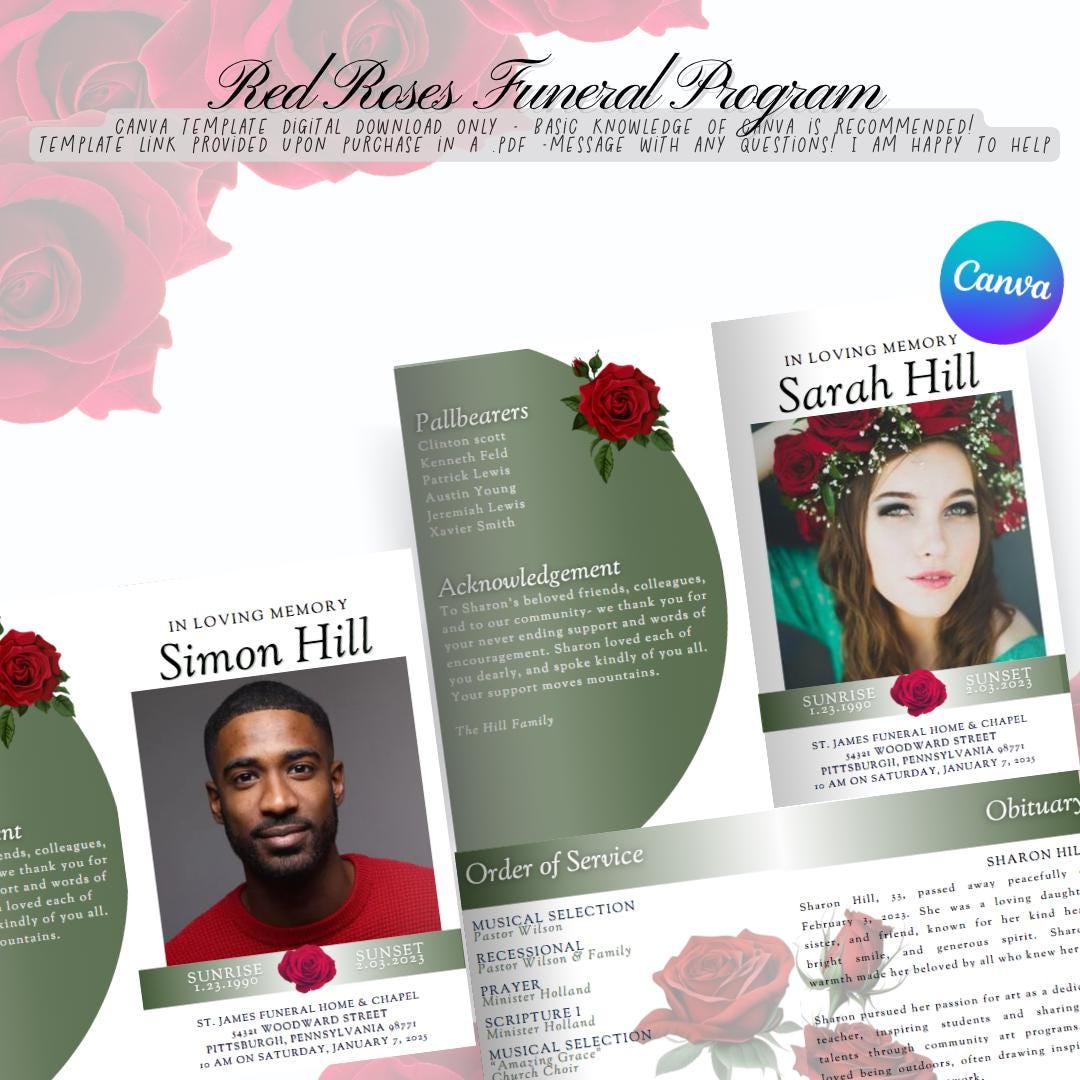Red Roses Funeral Program Editable Canva Obituary Template - Feminine ...