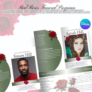 Modèle de nécrologie canva modifiable pour le programme de funérailles des roses rouges - Programme de funérailles des roses féminines 23 x 11 pouces plié en deux