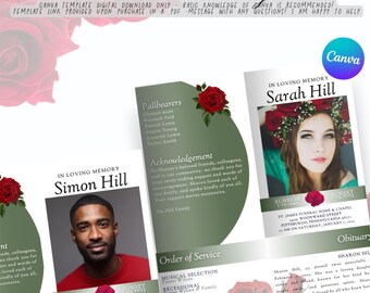 Red Roses Funeral Program Editable Canva Obituary Template - Feminine Rose Funeral Program 8.5x11 in Half Fold