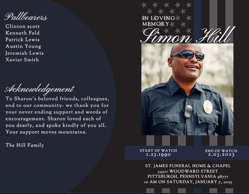 End of Watch Funeral Program Editable Canva Obituary Template
