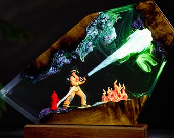 Firefighter Battling the Flames resin night light, Handmade epoxy gift for kids, fireman gift decor, Christmas gift, diorama night light