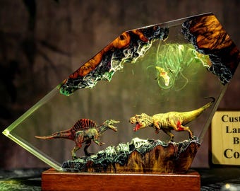 T-rex Dinosaur PK Spinosaurus resin lamp, Jurassic world room decor, Unique Prehistoric Gift, Christmas gift, Dinosaur Battle scene