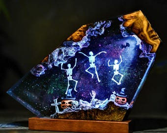 Dancing Skeleton Resin Lamp – Handmade Spooky Epoxy Art for Halloween, Customizable RGB Night Light Gift