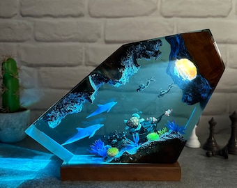 Dolphin resin lamp, turtles resin night light, scuba diver gift, ocean resin, room decor, nightstand lamp, gift for her