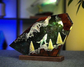 Arctic Wolf Galaxy Resin Lamp: Handmade Wildlife Art Night Light