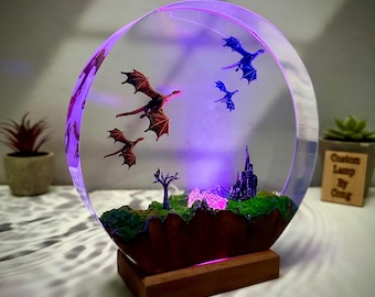 Fire and ice dragon resin lamp, diorama night light, epoxy art decoration, Christmas lamp, best gift, gift for him