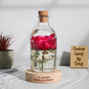 Real Rose Flower resin epoxy lamp, Personalized wood engraved lamp, Christmas gift for her, valentine day gift