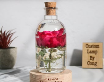 Real Rose Flower resin epoxy lamp, Personalized wood engraved lamp, Christmas gift for her, valentine day gift