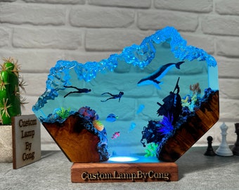 Humpback Whale and free diver resin epoxy lamp, resin room decor, unique resin gift for her, custom resin lamp