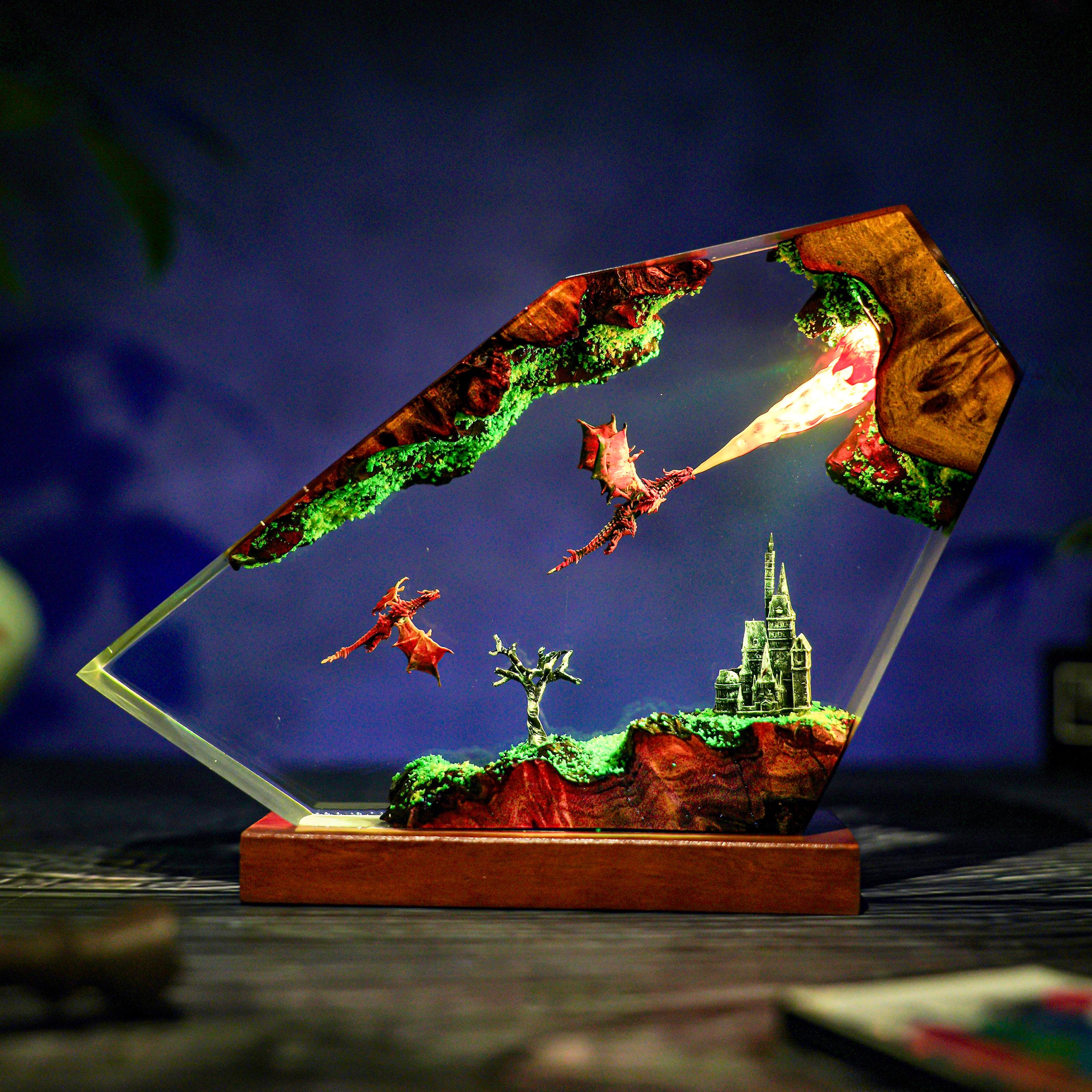 Fire Dragon Resin Lamp: Handmade Fantasy Diorama Night Light - Etsy