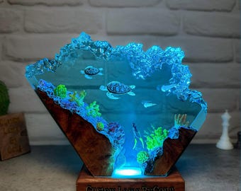 Sea turtle resin art lamp, ocean resin decoration, custom night light, wood resin decor, gift for him, gift for mom