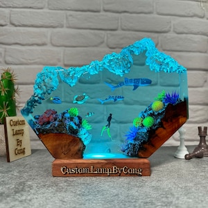 Couple Whale shark and scuba diver resin lamp, turtle resin night light, wooden resin art, home decor, best  resin gift
