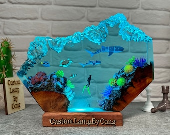 Couple Whale shark and scuba diver resin lamp, turtle resin night light, wooden resin art, home decor, best  resin gift