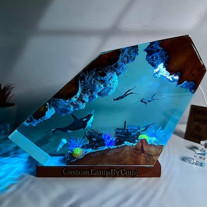 Orca and free divers resin lamp, resin epoxy night light, ocean decoration, Christmas gifts