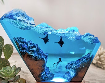 Manta rays and free diver resin epoxy lamp,  personalized gifts, gift for her, custom lamp