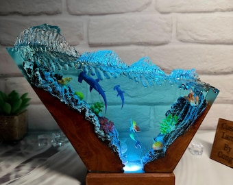 Mermaid resin lamp, hammerhead shark resin night light, art decoration, custom lamp, gift for her, handmade gifts
