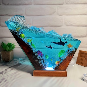 Orca Shark and scuba diver resin lamp, custom night light, table lamp, ocean resin art, home decor, gift for him, gift for her