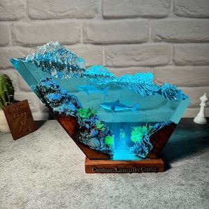 Great White Shark resin epoxy lamp, Scuba diver night light, custom resin gift, wooden resin decor, gift for him, handmade gift