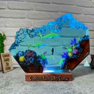 Couple Hammerhead shark and scuba diver resin night light, epoxy resin art, wood night light, resin desktop decoration, gift for her