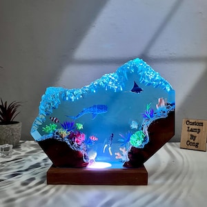 Manta ray and Whale shark resin art lamp, ocean resin decoration, custom night light, wood resin decor, gift for him, Christmas gift