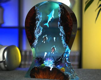 Ocean Resin Headphone Stand with LED - Desk Decor PC Gaming