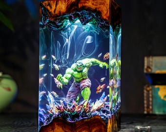 Personalisierte H.u.l.k Harzlampe, Riesen Green Hero Nachtlicht, handgemachte Harzfigur, Diorama Harzkunst, Weihnachtsgeschenk für Kinder
