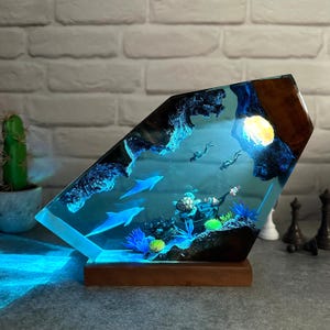 Delfin Harz Lampe, Schildkröten Harz Nachtlicht, Taucher Geschenk, Ozean Harz, Raumdekor, Nachttischlampe, Geschenk für Sie