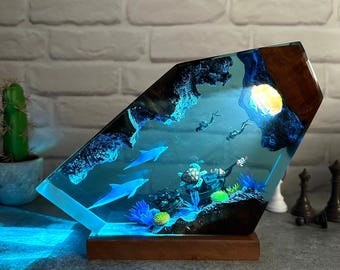 Dolfijnharslamp, schildpaddenharsnachtlampje, duikercadeau, oceaanhars, kamerinrichting, nachtkastjelamp, cadeau voor haar