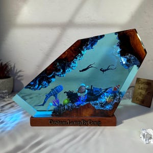 Whale shark resin lamp, resin art night light, wood lamp, table decoration, Christmas gift, resin decor, personalized gift
