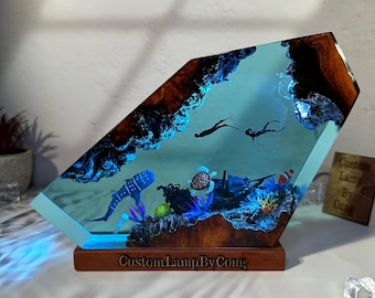 Whale shark resin lamp, resin art night light, wood lamp, table decoration, Christmas gift, resin decor, personalized gift