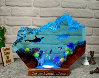 Manatee resin lamp, orca resin night light, ocean decoration, wedding resin gifts, home decor, handmade gift, gift for him, gift for her