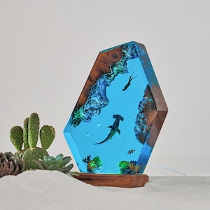 Hammerhead shark and free diver resin lamp, custom night light, handmade resin gifts, personalized gifts, gift for her.