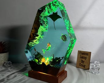 Mermaid resin art lamp, manta ray resin epoxy night light, ocean decoration for Christmas gift, gift for her, gift for daughter